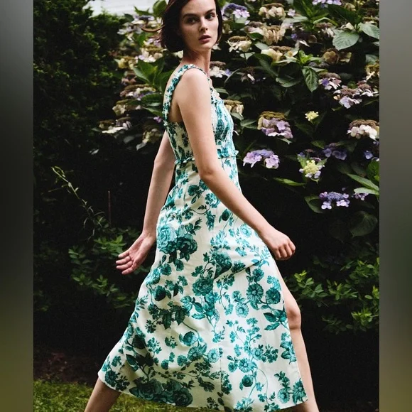 zara linen blend floral print dress ZARA NWT LINEN BLEND FLORAL PRINT MIDI DRESS